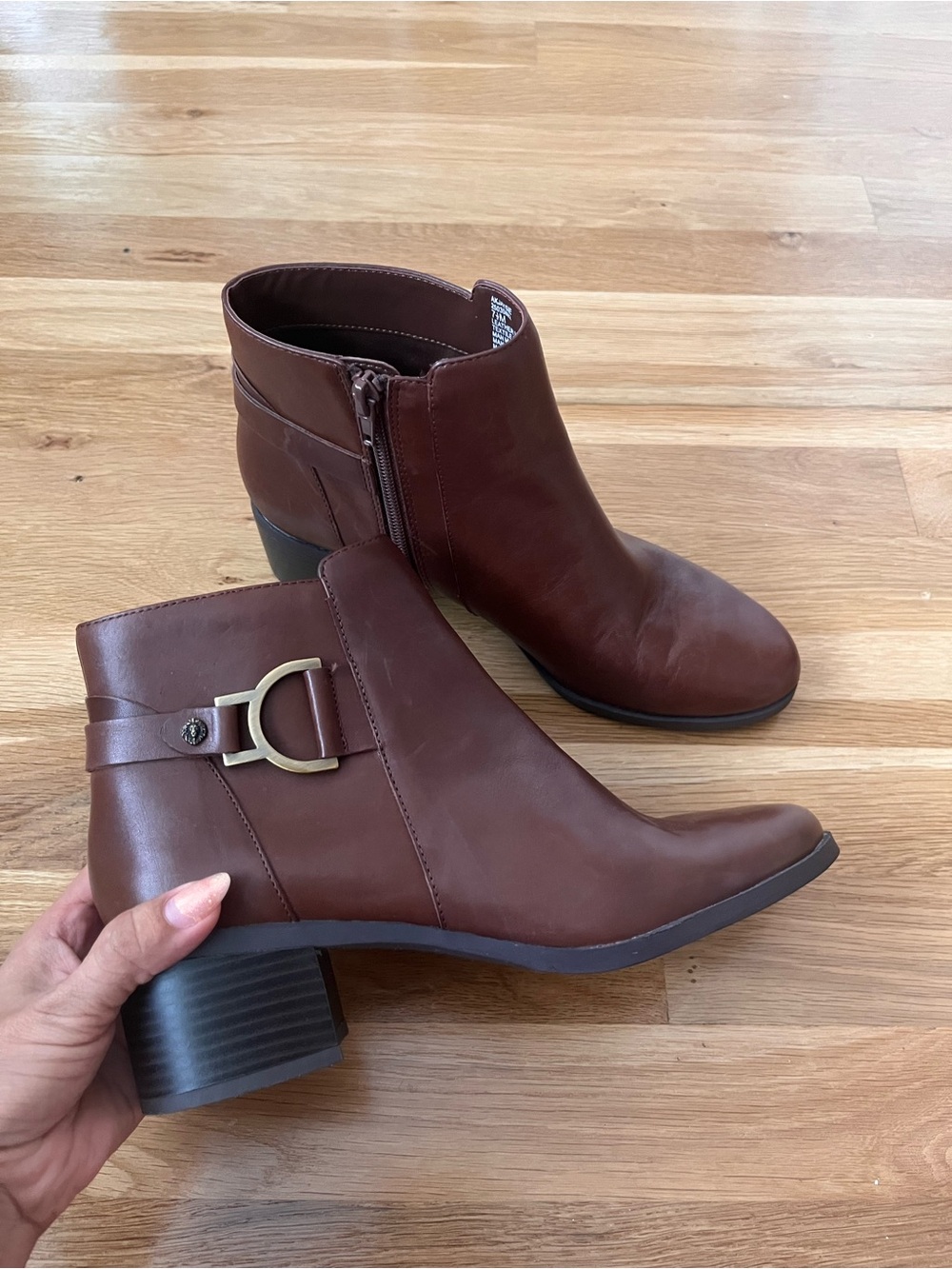 Anne Klein Brown Leather Ankle Boots with Buckle Detail